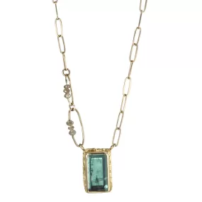 14K Gold Rectangular Indicolite Necklace with Diamonds