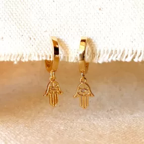 18k Gold Filled Hoop Earrings with Hamsa Amulet Charm