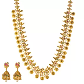 22k Yellow Gold Temple Necklace Set  w/ Gems & Pearls (132.2gm)