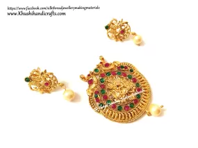 Antique Gold Lakshmi Pendant and earrings with beautiful stones-Pattern 12