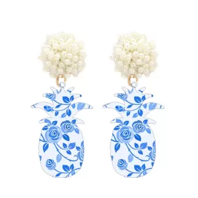 Blue Floral Pineapple Pearl Cluster Drop Earrings (Ships in 1-2 Weeks)