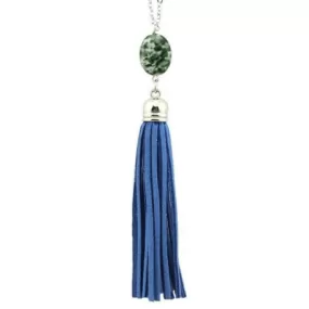 Blue Natural Stone and Tassel Silver Long Necklace