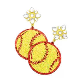 Glittered Softball Dangle Earrings