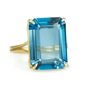 Gold and Emerald Cut London Blue Topaz Ring