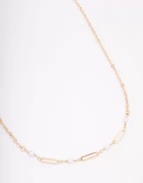 Gold Pearl Rectangle Link Short Necklace