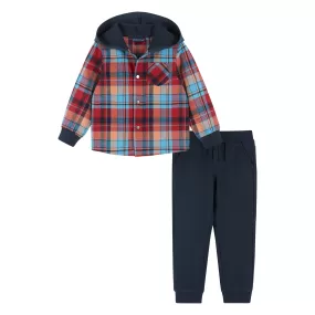 Infant Navy & Red Plaid Hooded Flannel Buttondown Set  | Navy & Red