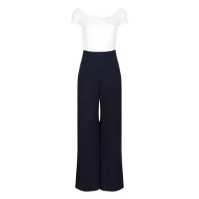 Ivory Bardot Top and Navy Cropped Trouser-suit