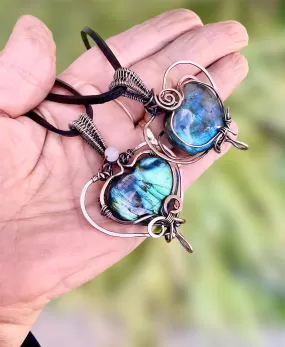 Labradorite Large Puffy Heart Wire Wrapped Pendants