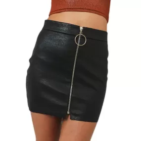 Metal Ring Zipper Up Faux Leather Hip Tight Mini Skirt