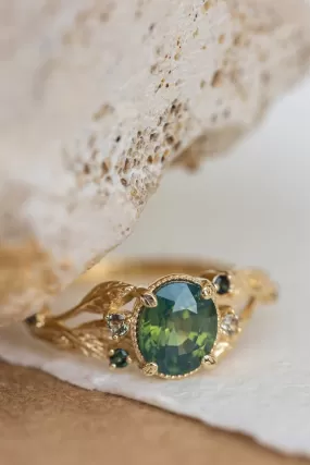 Multi colored stone engagement ring, nature inspired gold engagement ring with opalescent sapphire / Patricia