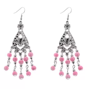 Pink and Silver Beaded Flower Dangle Earrings