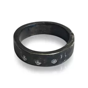 R2 - Three Diamond Sterling Silver Oxidized Wide-Band Ring