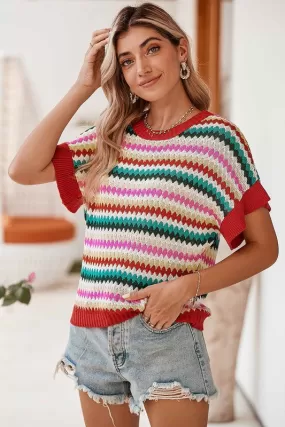 Red Pink and Green Stripe Ruffle Short Sleeve Knit Top