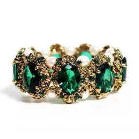 Vintage Style Big Emerald and Sapphire Stone Crystal Bangle Bracelet