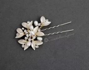 Wedding Hair Pin of Leaves and Pearls